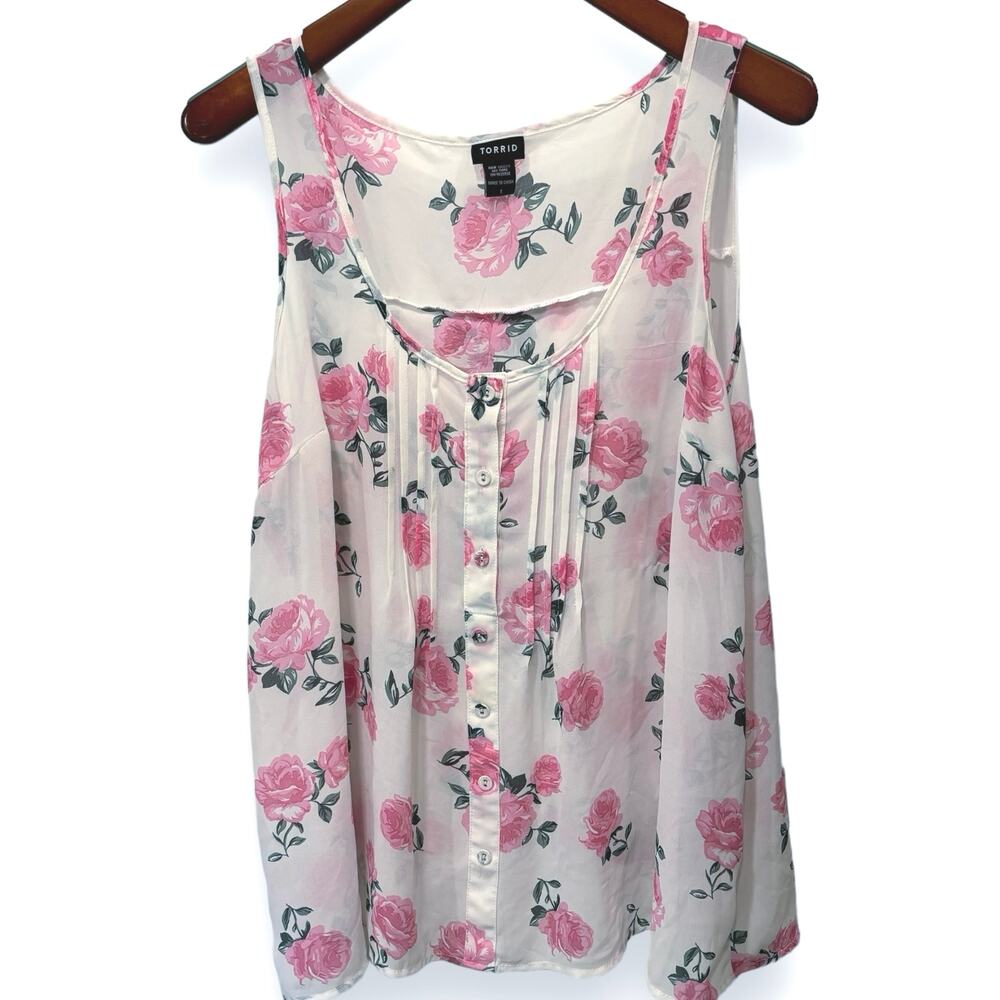 Torrid Chiffon Semi Sheer Floral Tulip Back Tank Top Size 1 (14-16) Pintucks - Picture 3 of 9
